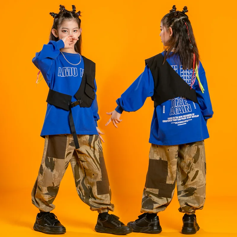 키즈 쿨 힙합 의류 대형 블루 운동복 탑 Streetwear 카모 조깅 바지 여자애 소년 재즈 댄스 의상 옷
